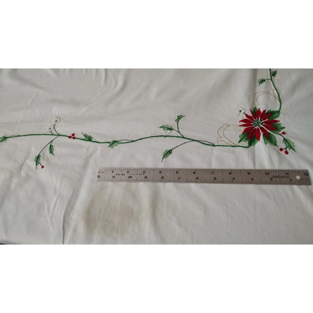 Embroidered Christmas Tablecloth Poinsettias Family Dinner Holiday 115x64 In SEE